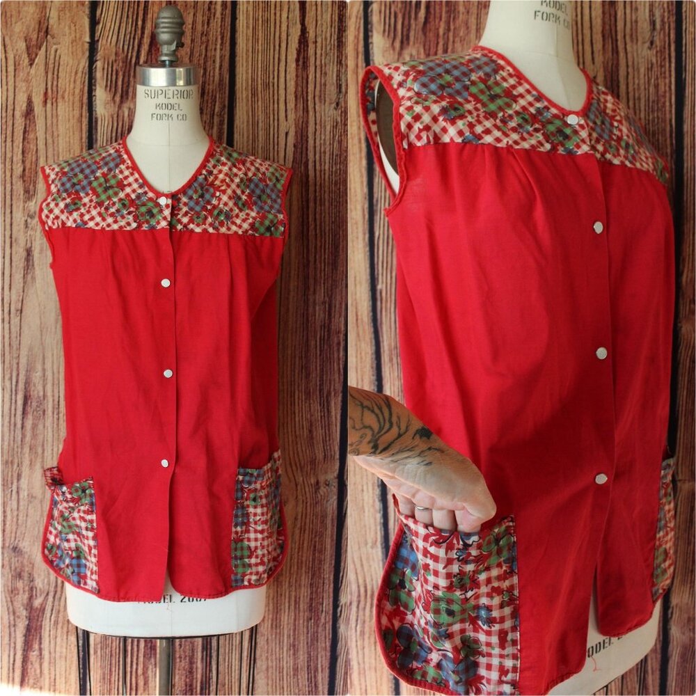 Vintage 1960s Apron, Red Floral Pinafore With Pockets